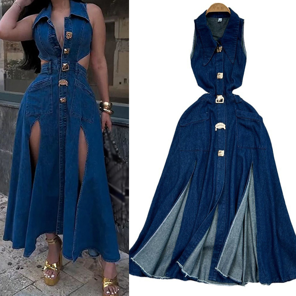 Robe en jean pour femmes, longue, taille haute, ligne A, col rabattu, sans manches, élégante, Y2k, Streetwear, maman, Slim, 2025