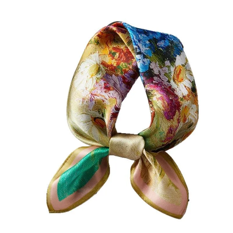 Foulard carré en soie vert or-Vermeil, écharpe en soie pour femmes, à la mode, polyvalent, imprimé Floral, cadeau pour maman, printemps automne