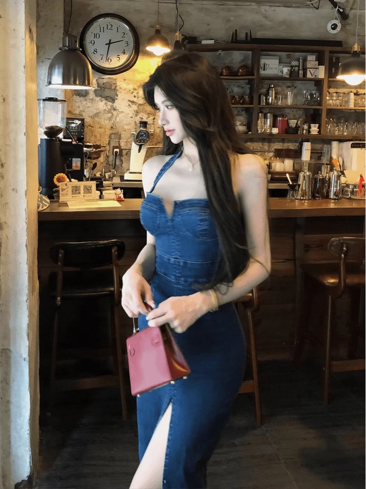 2025 robe de mode femmes décontracté européen américain col en U longueur cheville longue bleu Denim gaine réservoir sangle jean robes redingote
