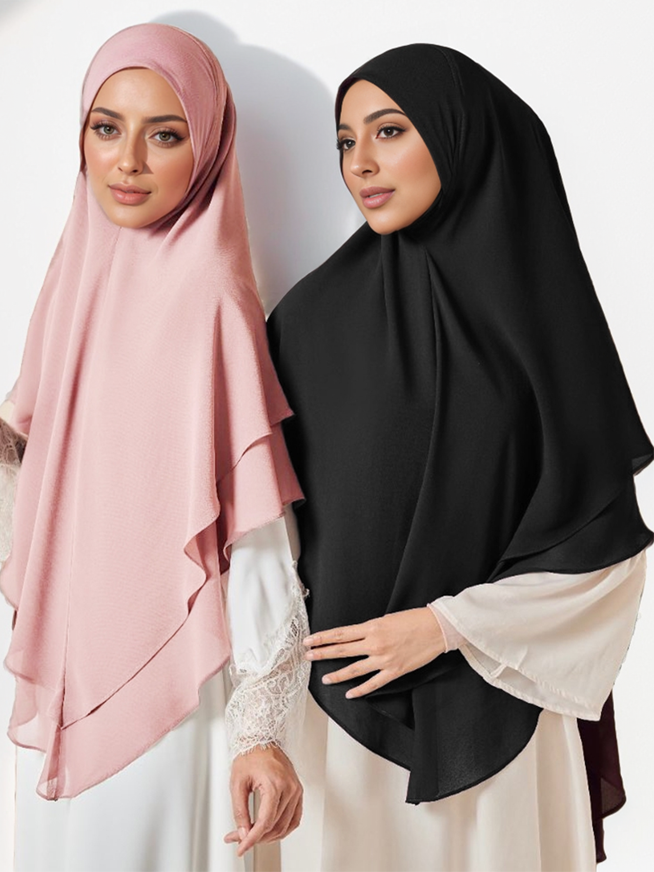 1 pièce Hijab instantané prêt-à-porter en mousseline double couche, uni, foulard, châle, bandana pour femme musulmane