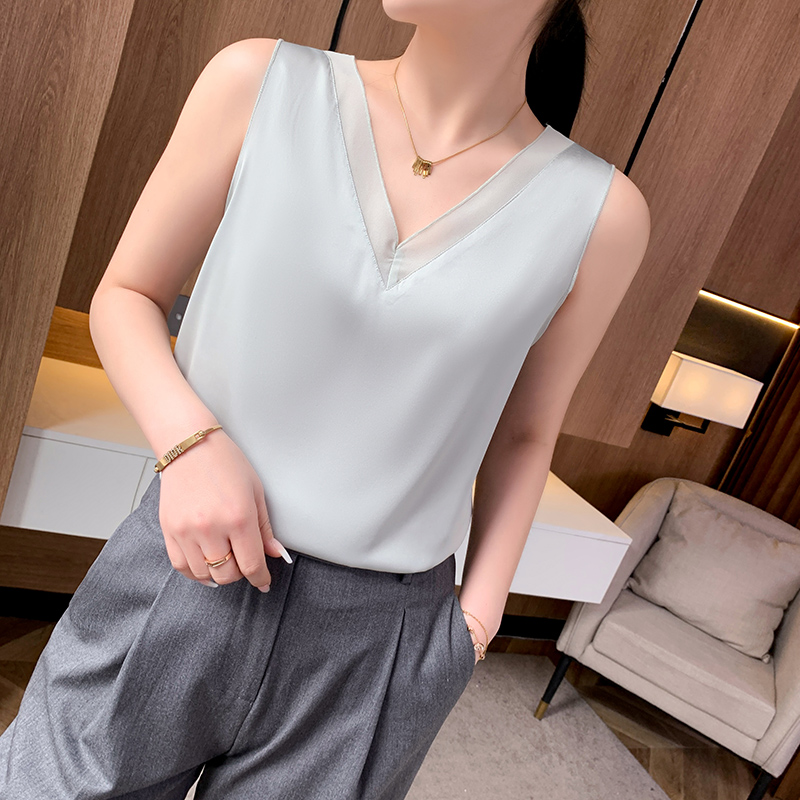 Inj-Camisole d'été en mousseline de soie pour femme, col en V, coutures en dentelle, élégant, délicat, confortable, t-shirt tout assressenti, GlaFashion, RW20