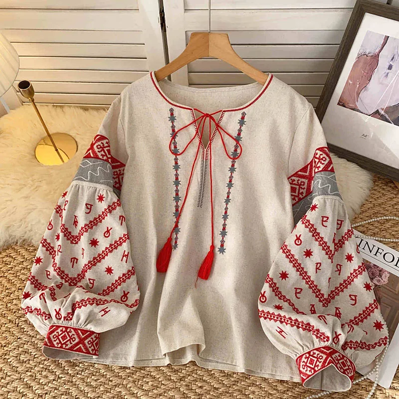 Nouvelle Blouse Bohème Brodé pour Femme, Col en V, Nœud Papillon, Manches Lanterne, Printemps-Automne, Blusas Mujer, Hauts Féminins BL021