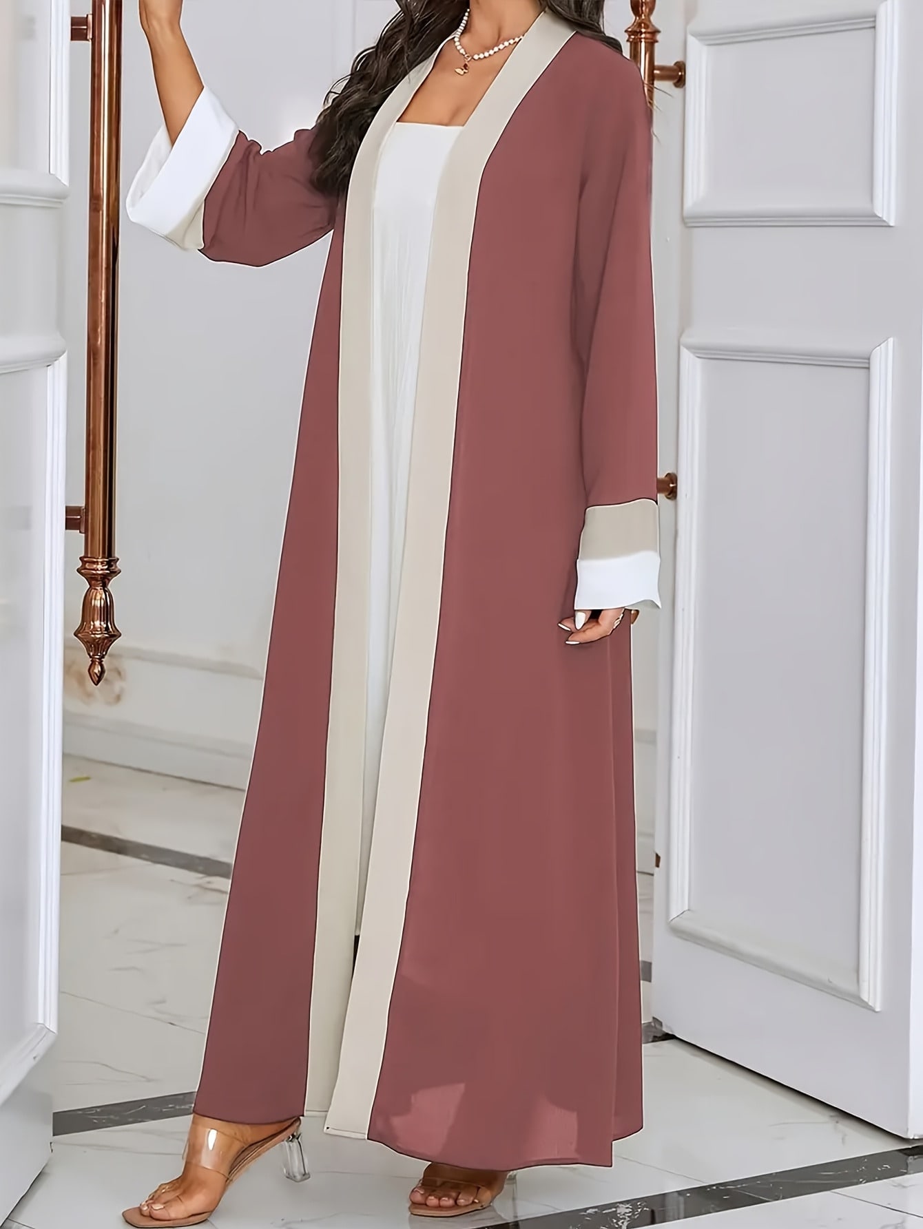 Robe longue décontractée pour femme Ramadan 2026, élégante robe extra longue ajustée à manches longues et à contraste de couleurs, Vêtements pour femme 1