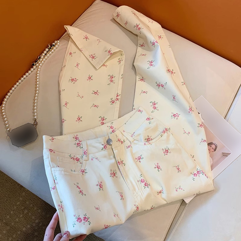 Pantalon en Denim à fleurs blanches simples pour femmes, nouvelle collection printemps été 2021, taille haute, jambes larges, décontracté, polyvalent