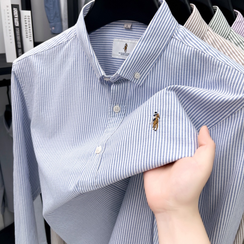 Chemise brodée de luxe pour homme, 100 % coton doux, manches longues, col à revers, rayures color block, haut tendance et polyvalent pour homme
