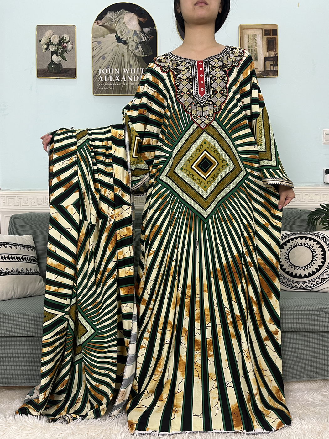 Abayas Musulmanes pour Femmes, Ensembles de Vêtements de Prière Imprimés en Coton, Robe Africaine avec Grande Écharpe 150x165cm