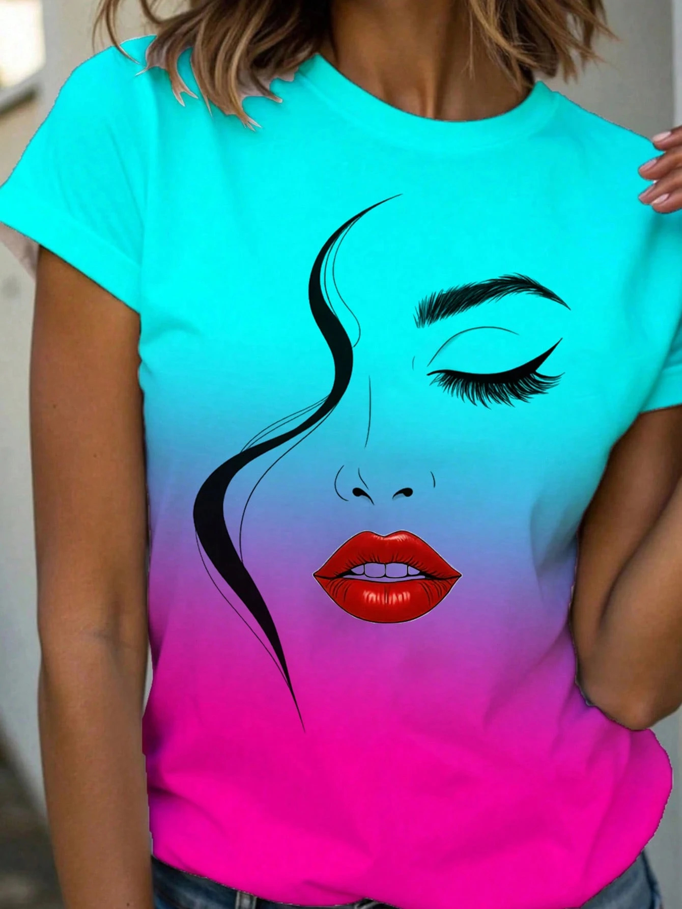 T-Shirt femme abstrait visage ligne Art graphique imprimé hauts décontracté col rond manches courtes T-Shirt été en plein air mode femme vêtements
