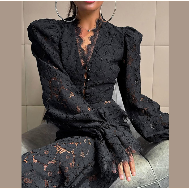 Ensemble 2 pièces élégant pour femme : haut court à manches longues bouffantes et col en V en dentelle, jupe longue sirène – Tenue de soirée 2026 Nouveauté