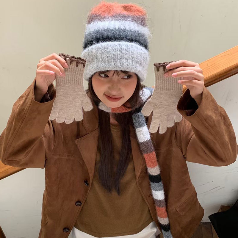 Ensemble de bonnets et écharpe arc-en-ciel rayés pour femmes et hommes, chapeaux Skullis chauds, casquettes Carf résistantes au froid, unisexe, extérieur, hiver, 2 pièces