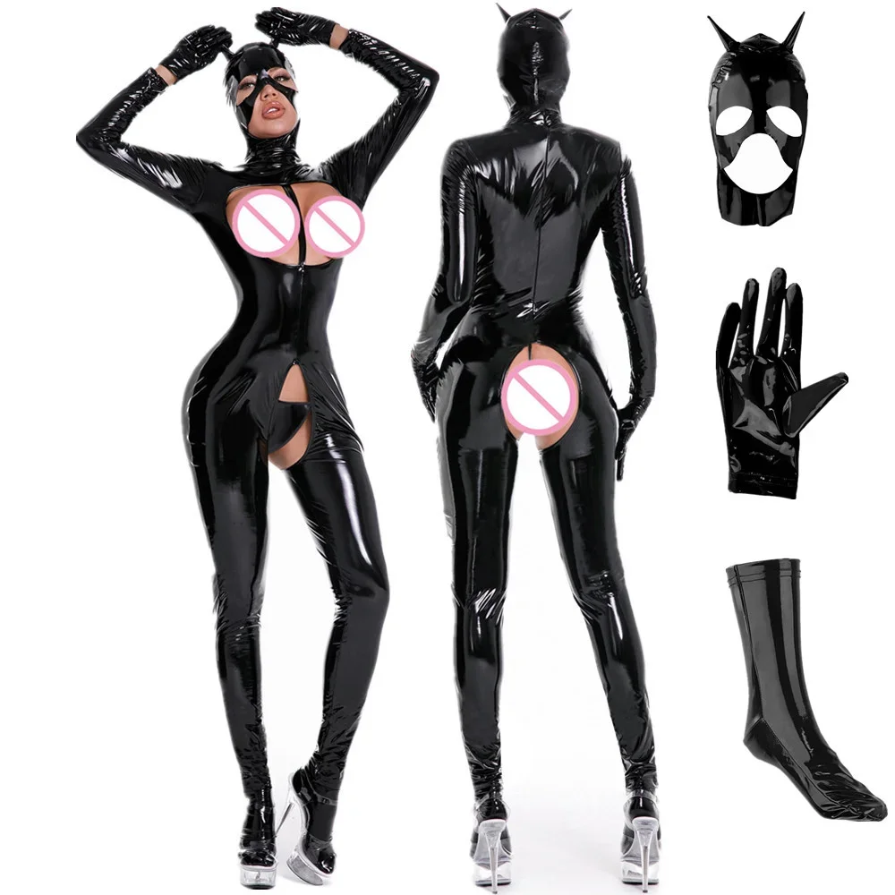 Combinaison Catsuit en Faux cuir PVC pour femme, Sexy, look mouillé, body en Latex, sans entrejambe, Clubwear, fermeture éclair au dos, entrejambe ouvert, extensible