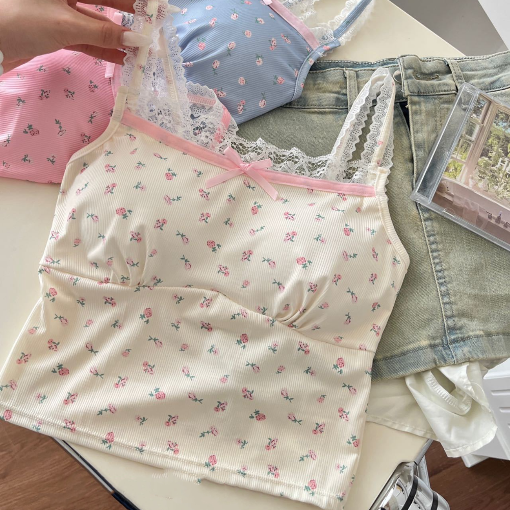 Débardeur court décontracté en soie glacée à motifs floraux, avec coussinets, sans manches, en dentelle, avec nœud, coupe ajustée et élastique, pour fille, style plage