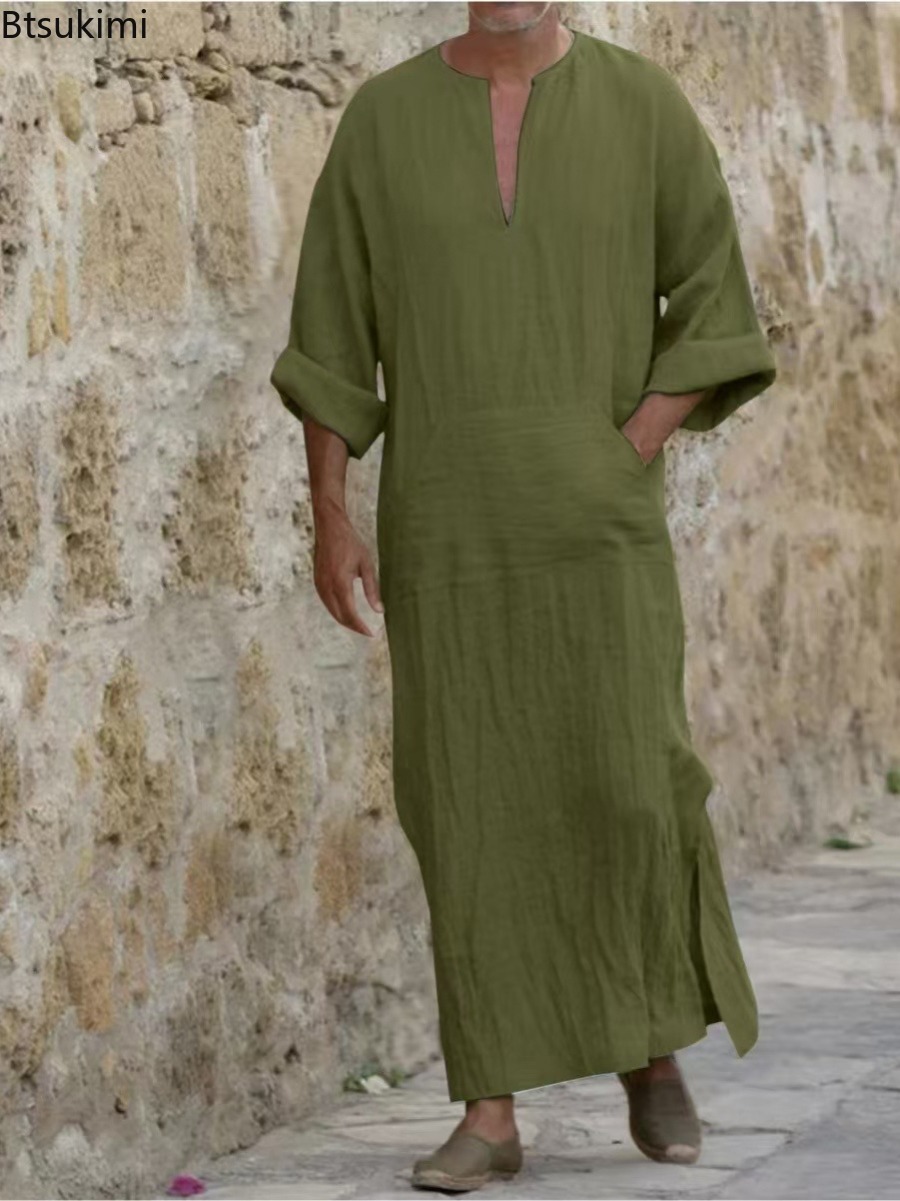 Nouveaux T-shirts longs en coton et lin pour hommes 2026, Abayas décontractées unies, Jubba Thobe Kaftan, Robes arabes islamiques à col en V et manches longues