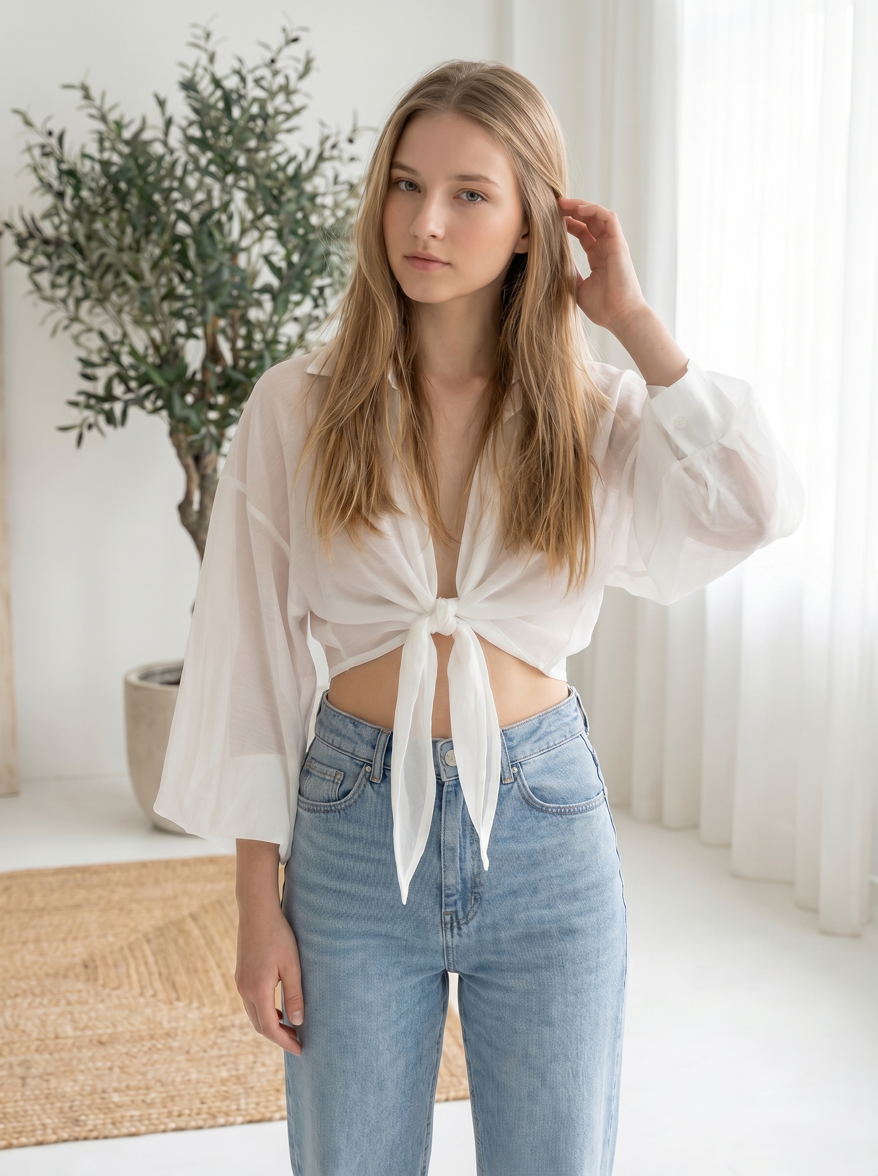 Nouveau chemisier femme |   Léger et transparent, revers avec cravate, couleur unie, manches longues, chemise d'extérieur pour protection solaire