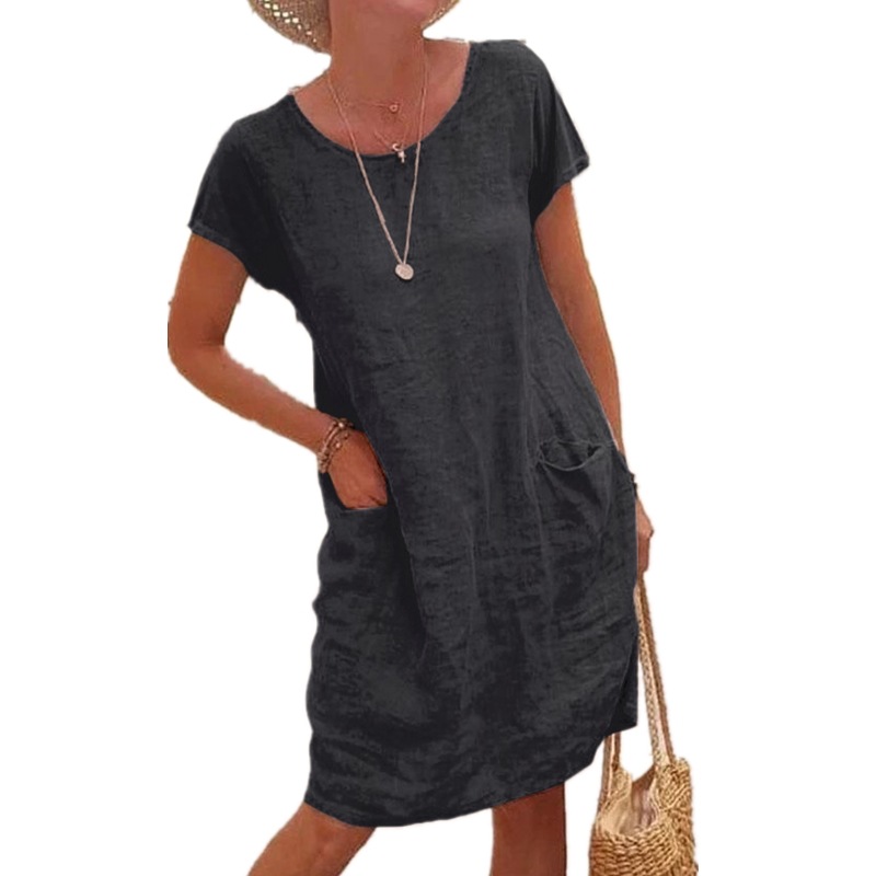 Robe mi-longue décontractée pour femmes, coton, lin, manches courtes, robes noires, été, nouveau, 2025