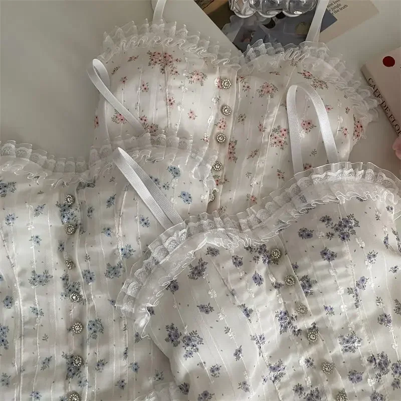 Camisole à ourlet d'oreille en bois floral français pour femmes, vêtements d'extérieur pour femmes avec dos en dentelle respirante, beaux sous-vêtements pour l'été