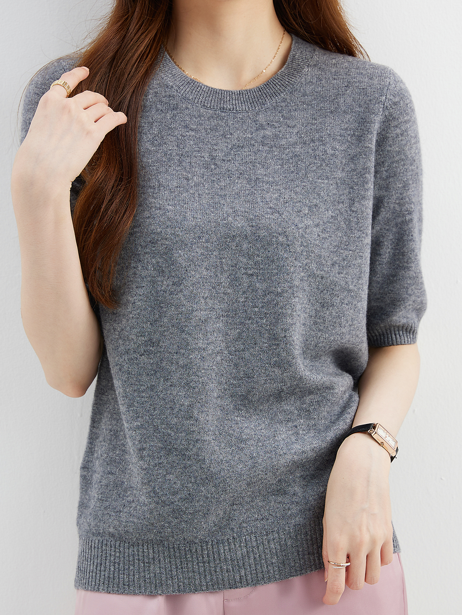 Pull ras du cou en laine mérinos pour femme, pull à manches courtes, pulls en tricot, vêtements féminins, mode, été, automne, 100%