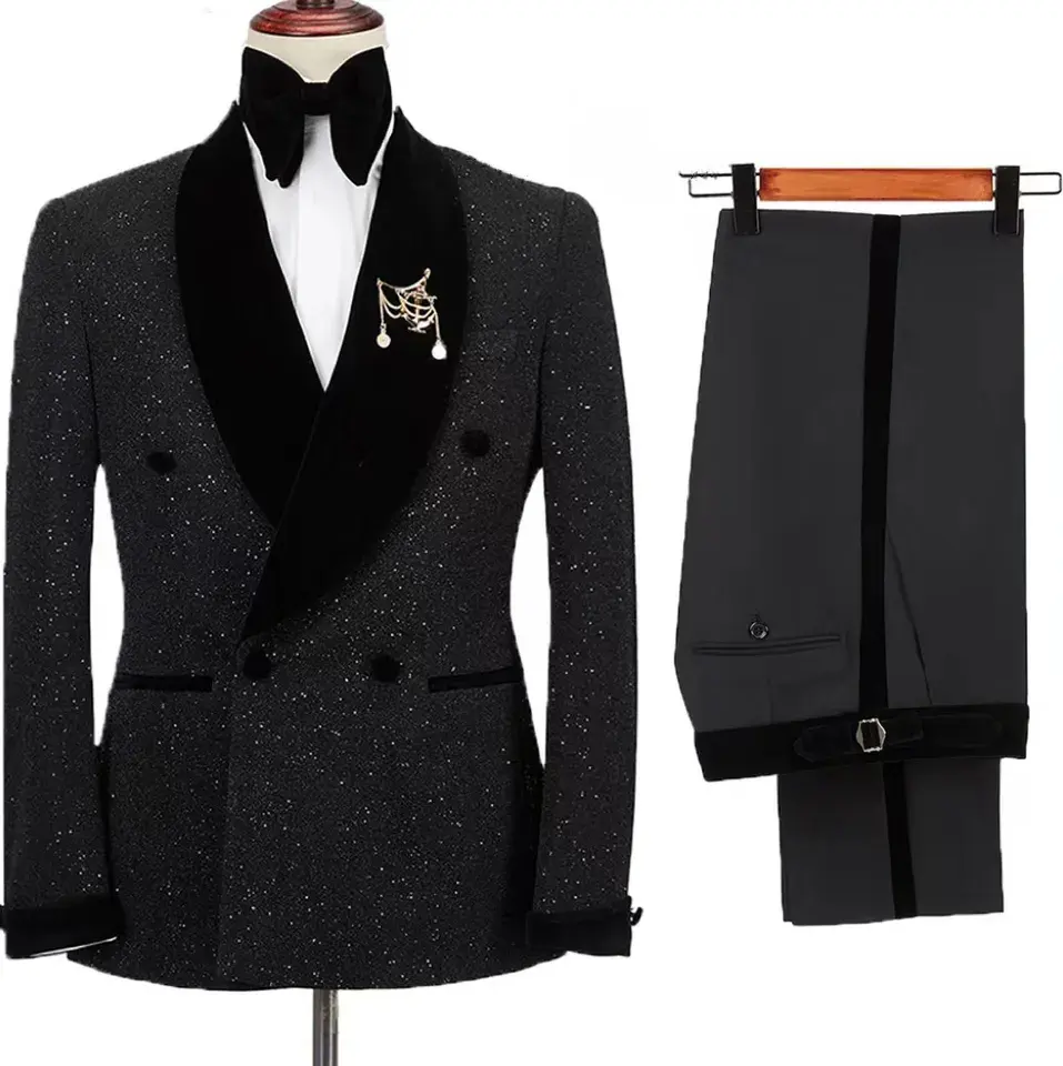 Costumes 2 pièces pour hommes, veste brillante avec pantalon noir, col châle en velours, smokings de marié de mariage, olympiques habnommée à double boutonnage