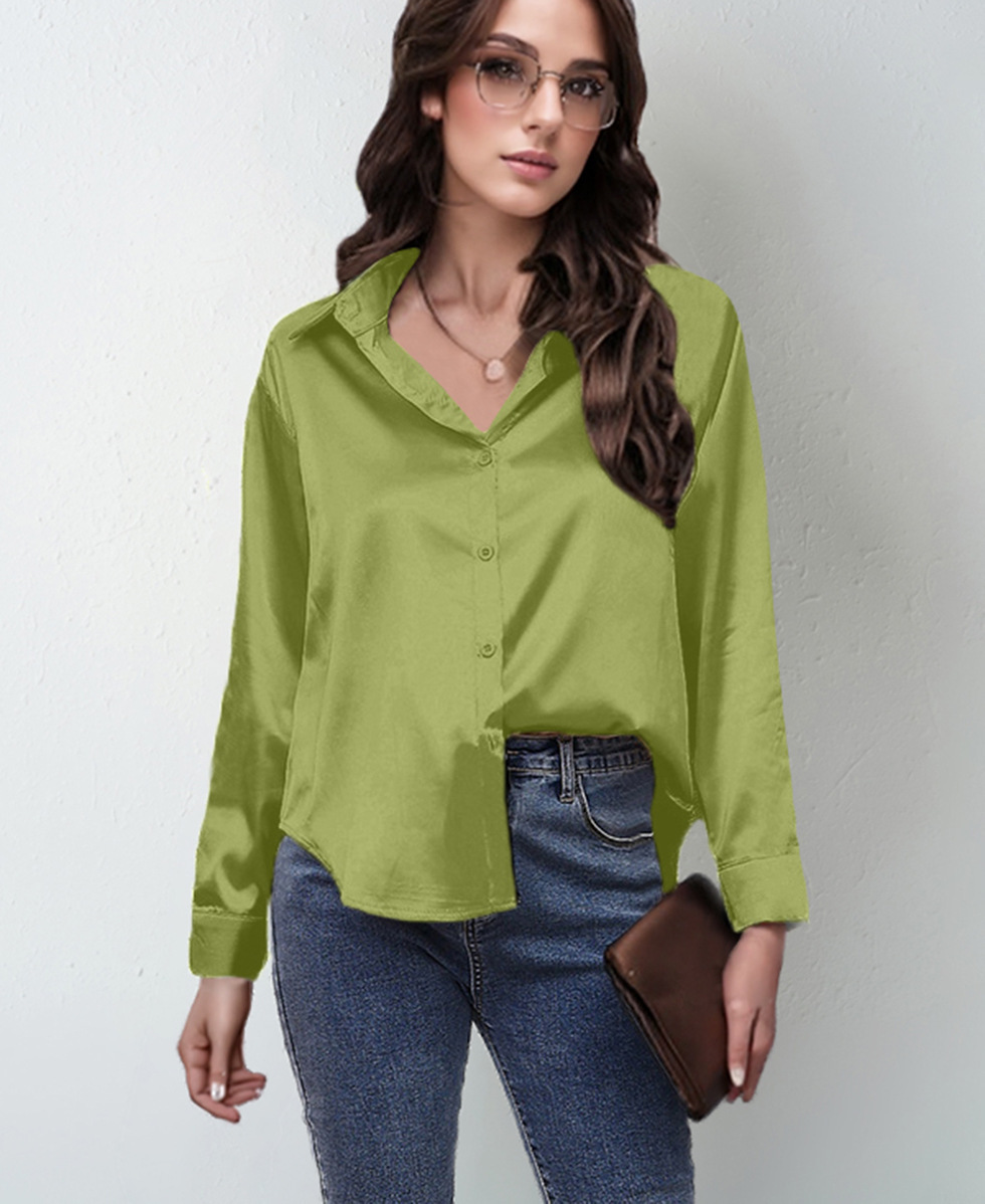 Chemisier élégant décontracté pour femme, style bureau, en satin multicolore, coupe slim, haut uni polyvalent, style français ample