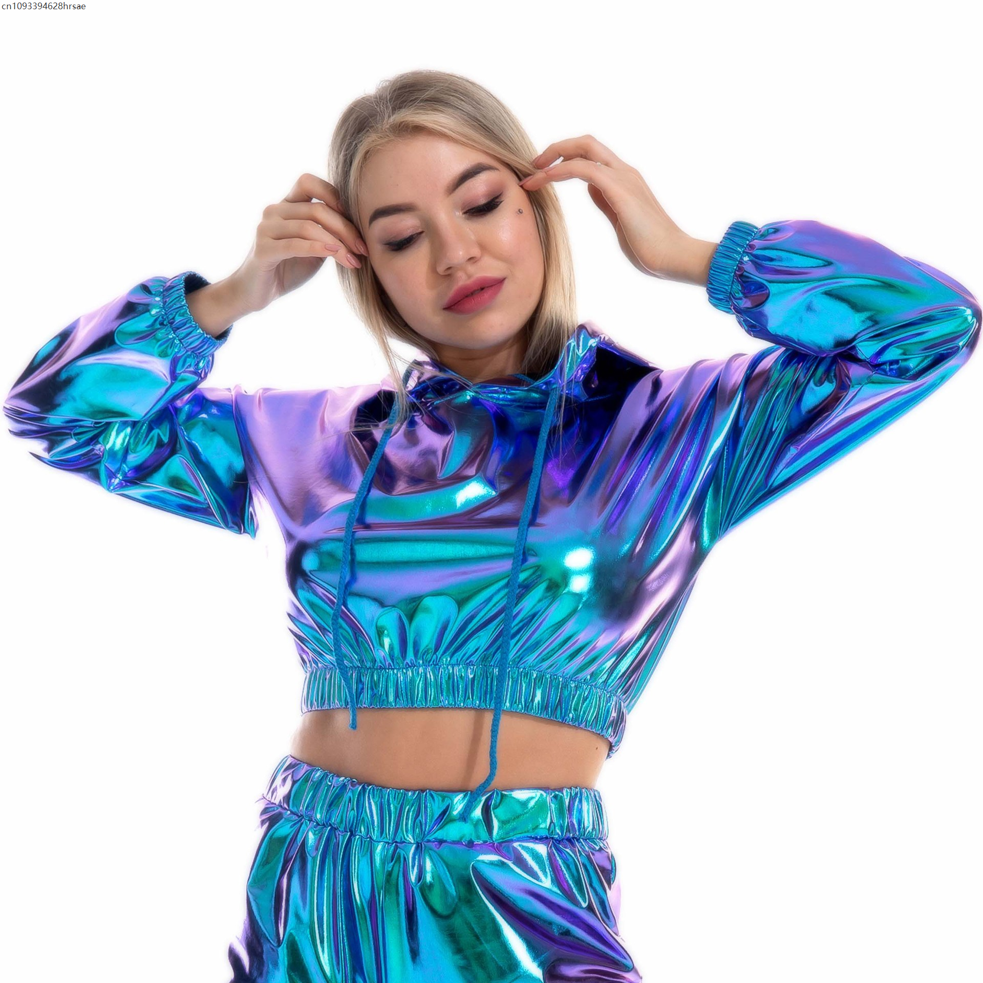 Tenue Rave pour femmes, haut court brillant, sweat à capuche métallique, pantalon Long décontracté, sweat-shirt d'entraînement, vêtements de club de danse Disco