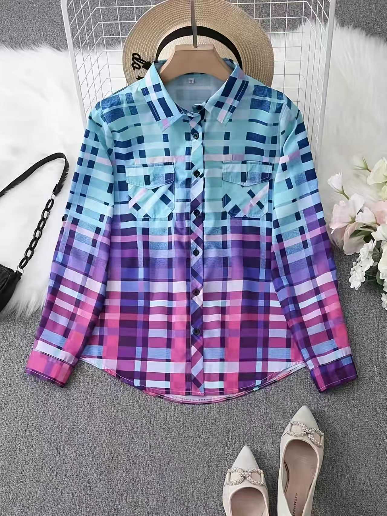 Chemise à manches longues à carreaux colorés pour femmes - Polyvalente pour les trajets quotidiens