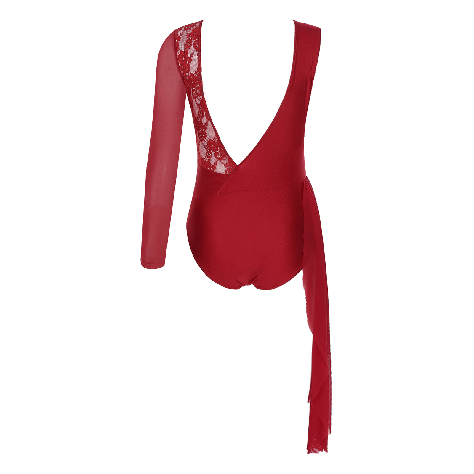 Justaucorps de danse lyrique pour femme, maille transparente, manches longues, dentelle florale, dos en V profond, costume de batterie pour la compétition de performance de patinage artistique