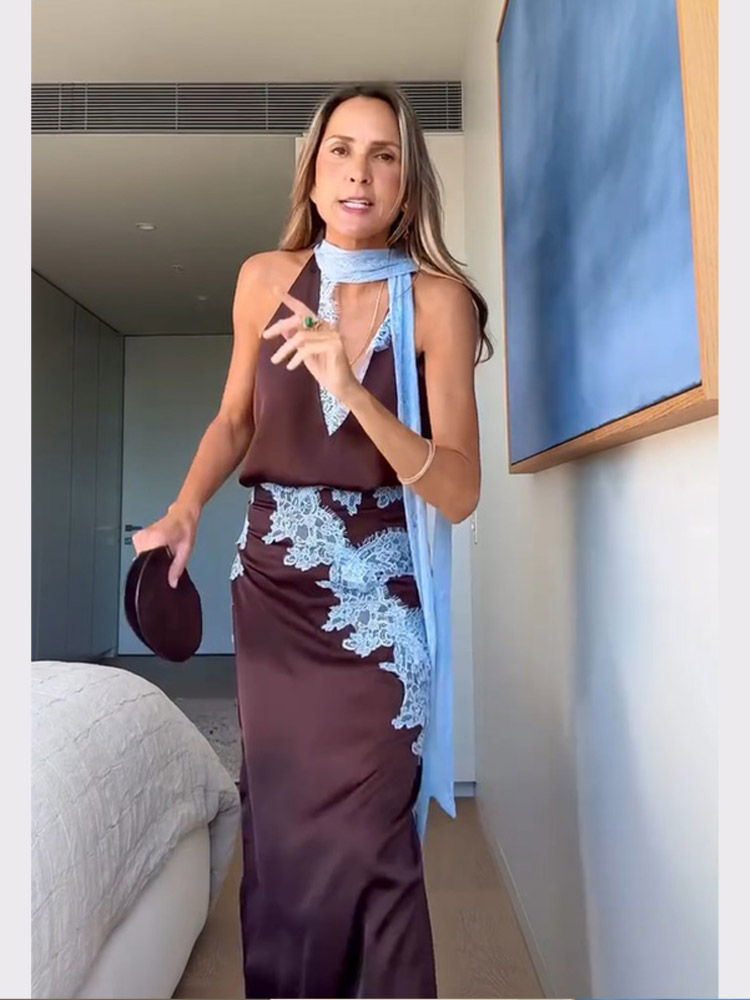 Ensemble élégant jupe longue et haut en satin bleu avec dentelle contrastante pour femme – Tenue décontractée pour soirée, fête ou mariage