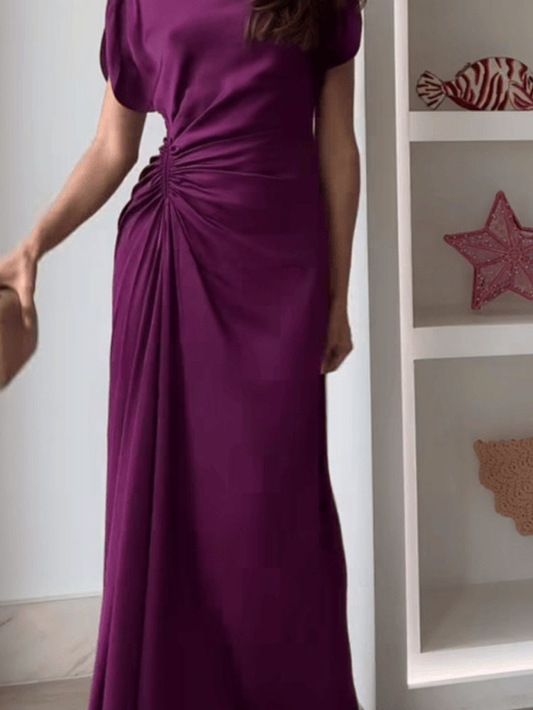 Robe de soirée drapée décontractée, col rond, élégante, taille haute, coupe cintrée, mode tempérament, couleur unie, longue