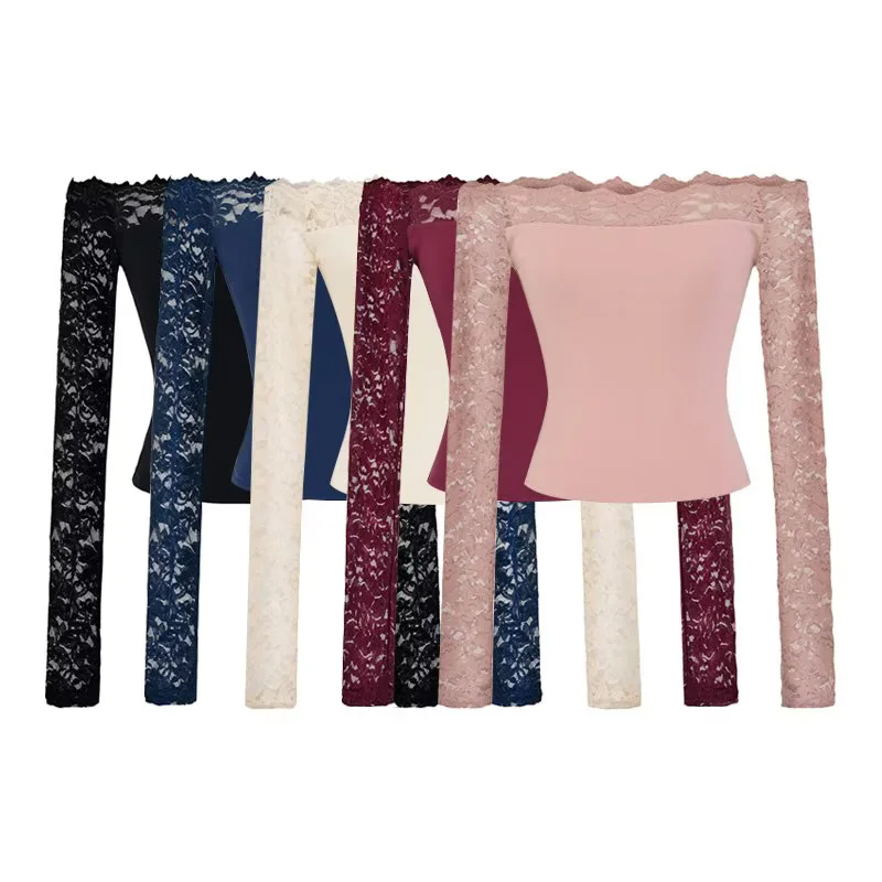 T-shirt Bardot en dentelle à manches longues et épaules dénudées pour femme