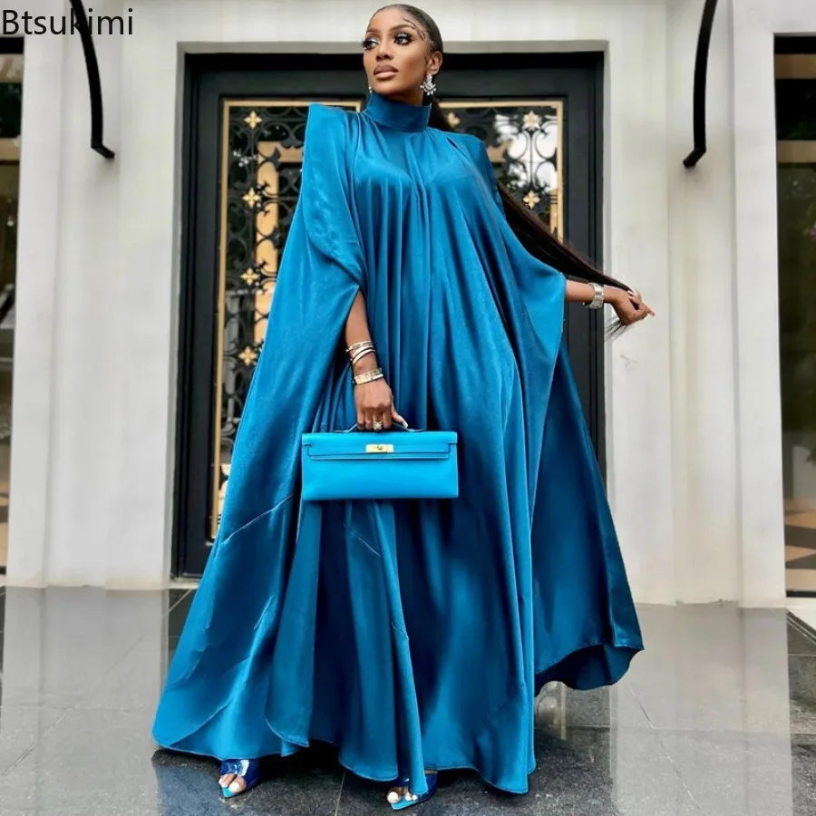 Abaya-Robe de soirée en satin uni pour femmes, robe musulmane de luxe, robe indienne de Dubaï, pull élégant à col haut, robes de soirée