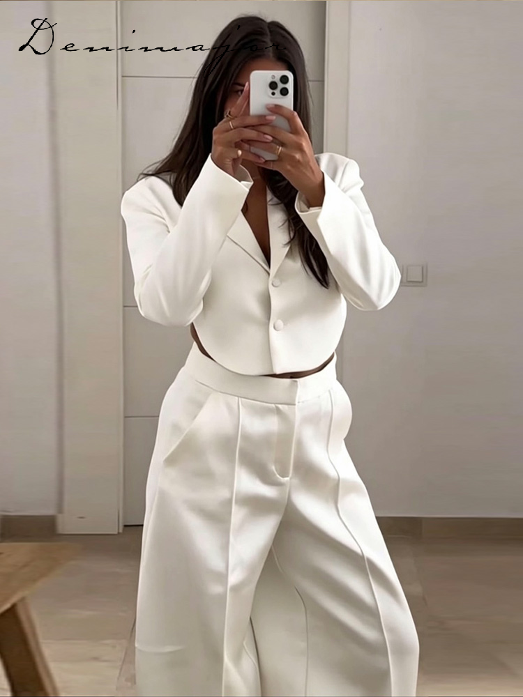 Ensemble pantalon et blazer en satin uni pour femme, veste courte à revers et dos nu, pantalon large taille mi-haute coupe ballon, nouvelle collection 2026, tenue décontractée pour femme