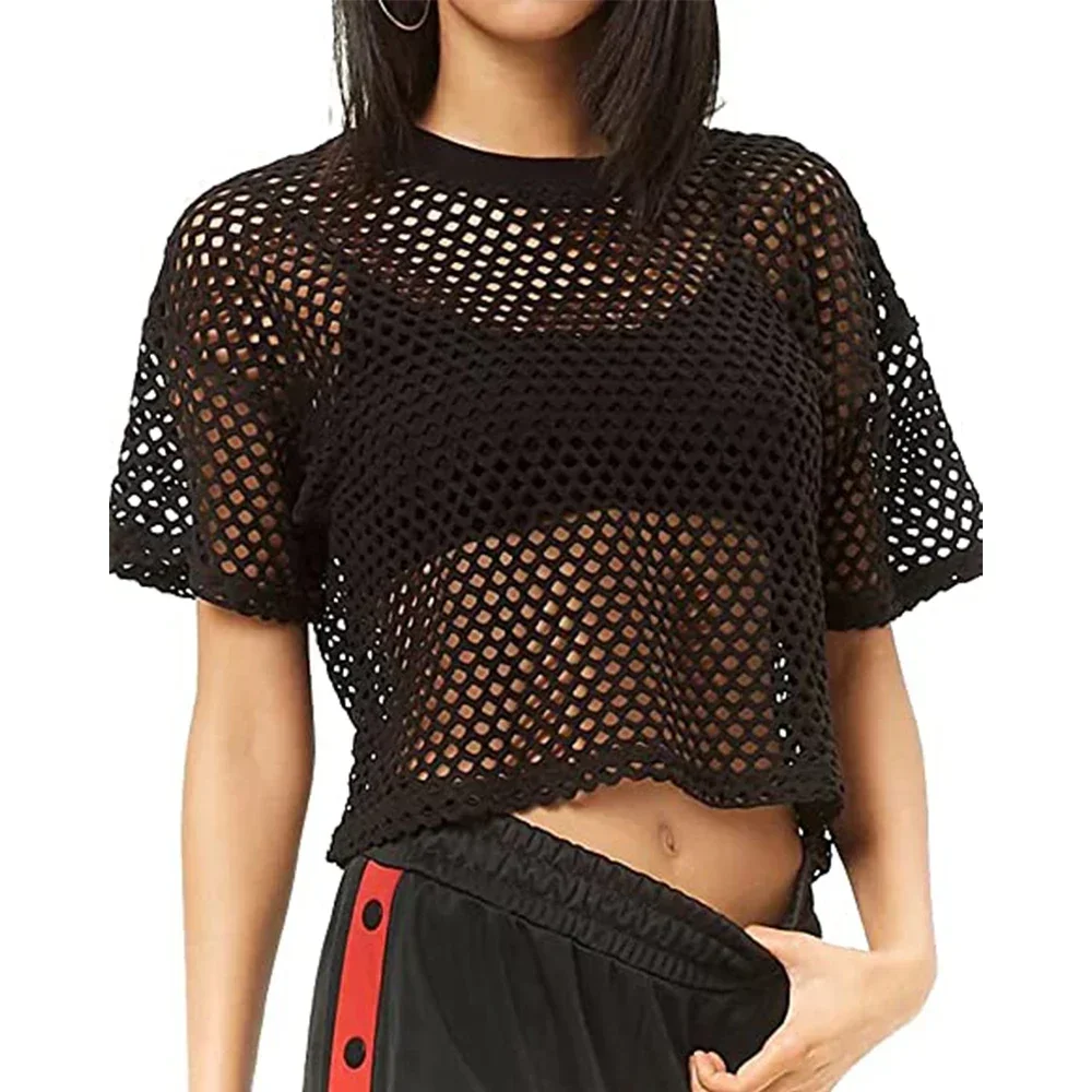 Mode dame résille Transparent culture hauts T-shirt pour femmes été à manches courtes col rond solide T-shirt t-shirts vêtements féminins