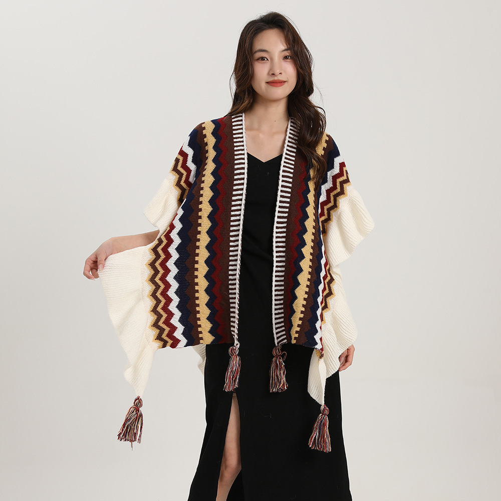Châle bohème pour femme, Mohair avec pompon, cardigan ethnique rétro pour femme, écharpe à volants ronde rayée pour le voyage, printemps, automne, nouveau