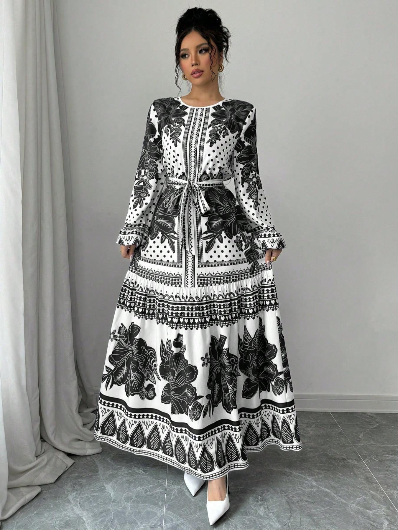 Robe ceinturée à imprimé Floral pour femmes, robe élégante et décontractée à manches longues pour un usage quotidien en plein air, robe d'été pour femmes
