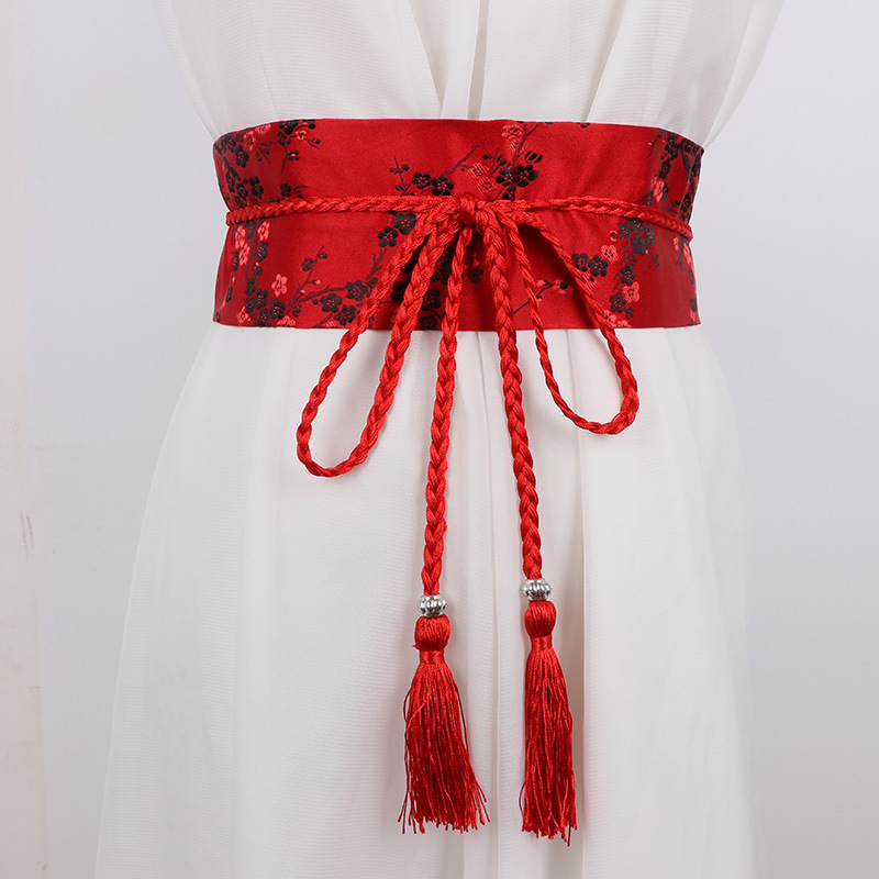 Ceinture brodée florale Vintage pour femmes, élégante, Style chinois, nœud papillon, ceinture enroulée avec glands pour vêtements habillés