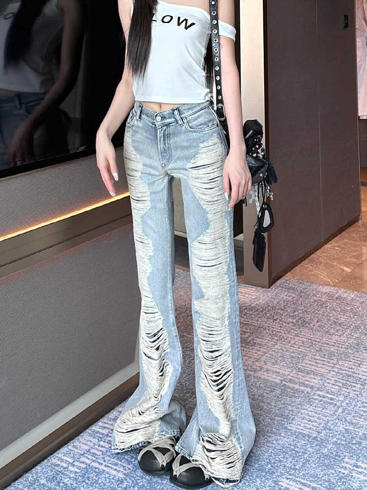Été femmes Goblin Core Abi Grunge Cyber Punk Flare Jean Y2k japonais Harajuku taille basse déchiré Denim pantalon 2000s cloche-bas