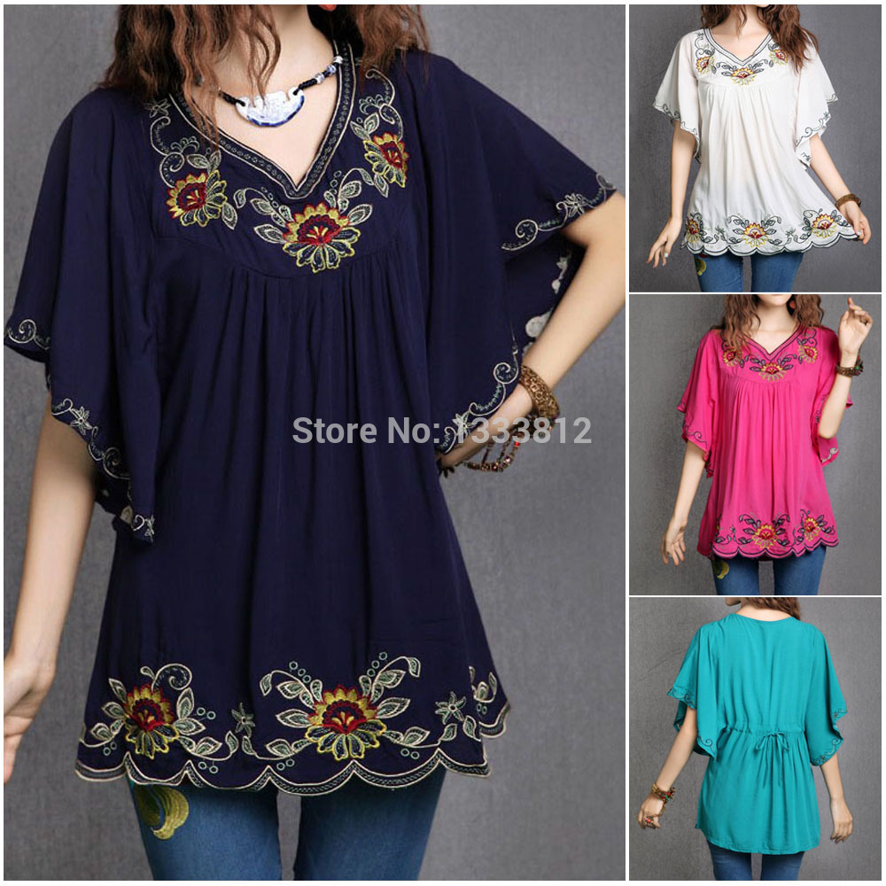 2026 Blouse Tunique Femme en Coton, Style Vintage Mexicain, Broderie Florale Ethnique, Coupe Ample Décontractée Bohème, Manches Chauve-souris, Blusa Mujer