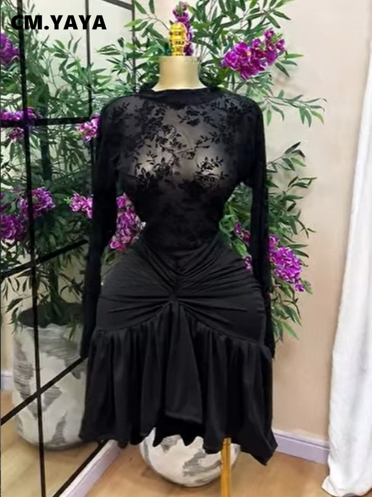 CM.YAYA Robe de soirée moulante mini pour femme, noire, en velours et maille florale, à manches longues, col montant, taille froncée, volants et ourlet asymétrique