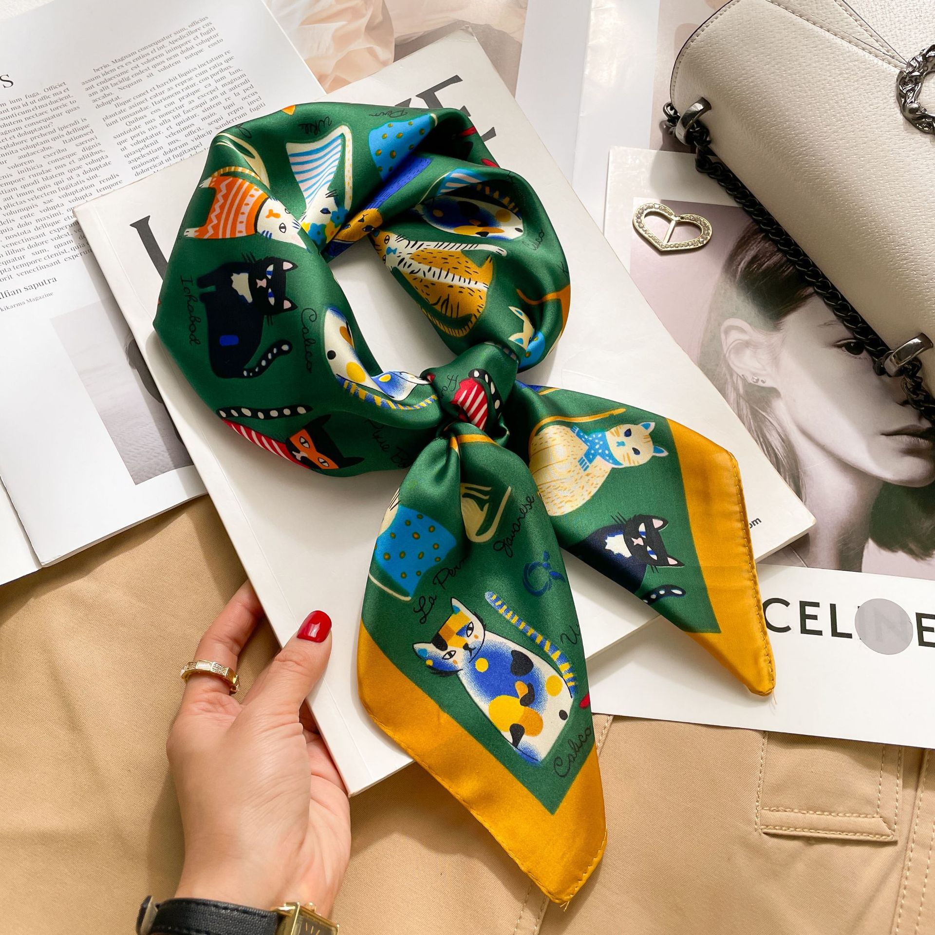 Foulard carré de luxe en soie pour femmes, Foulard en Satin imprimé, bandeau pour cheveux de printemps, Bandana, cravate, châle, 2024