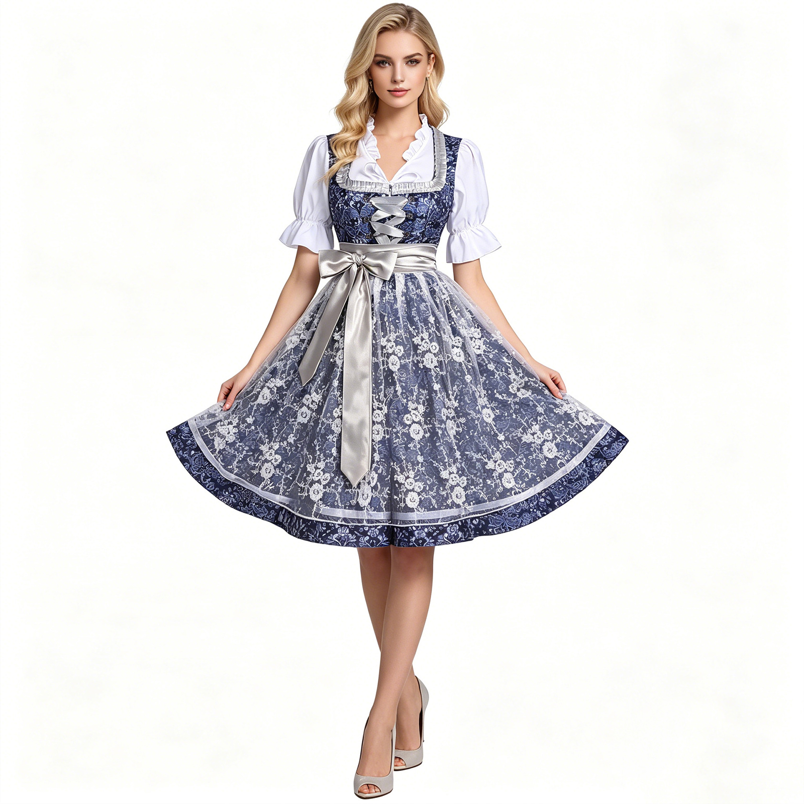 Robe Dirndl pour femme, costume de serveuse d'Oktoberfest, ensemble 3 pièces, tablier, chemisier à manches courtes, nœud devant, tenue de fête bavaroise pour festival de la bière, bar