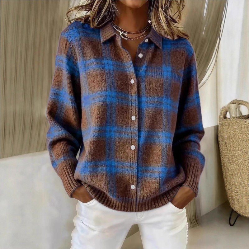 Pull décontracté pour femmes, printemps et automne, à carreaux, manches longues, col châle, pull cardigan