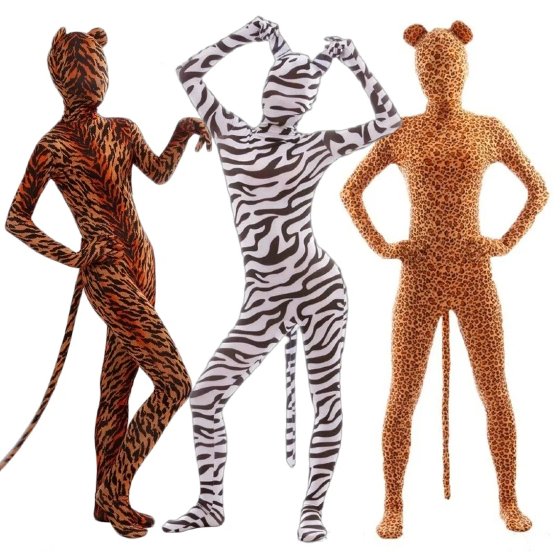 Costumes d'animaux pour adultes, Costume Zentai complet imprimé, zèbre, tigre, léopard, Costume de Cosplay en Nylon, tenue de carnaval d'halloween