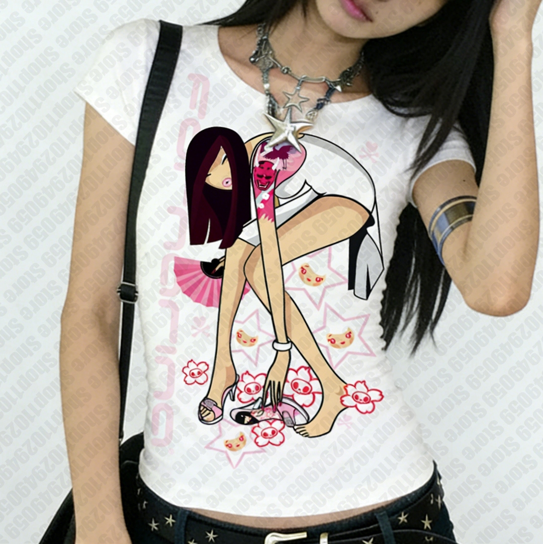 T-shirts graphiques pour femmes, style Anime Girl, Kpop, Baby Tees, Y2k, Emo, vêtements des années 90, vêtements vintage pour femmes, T-shirt Kawaii Gothique