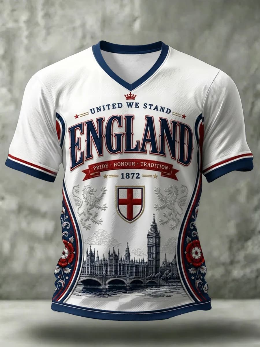 Nouveau Maillot de Foot Homme Angleterre 2026 Col Rond Manches Courtes Rayures Bleu Marine Col et Poignets Rayés T-shirt Sportif National pour Fans