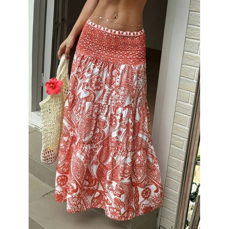 Jupe longue maxi pour femme, style bohème, imprimé cachemire, taille haute, froncée, à volants, fluide, décontractée, pour l'été et la plage