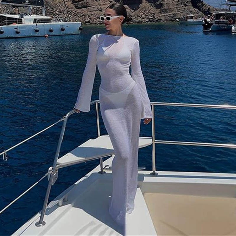 Robe de plage bohème pour femmes, couvertures de bikini, batterie de protection solaire, robe longue dos nu sexy, soirée club, chic, vacances