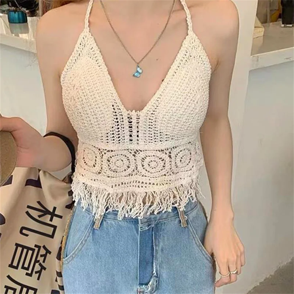 Haut court court en tricot pour femmes, dos nu, Sexy, style Boho, plage, ajouré, glands au Crochet, ourlet licou, Bustier avec coussinets de poitrine, débardeur