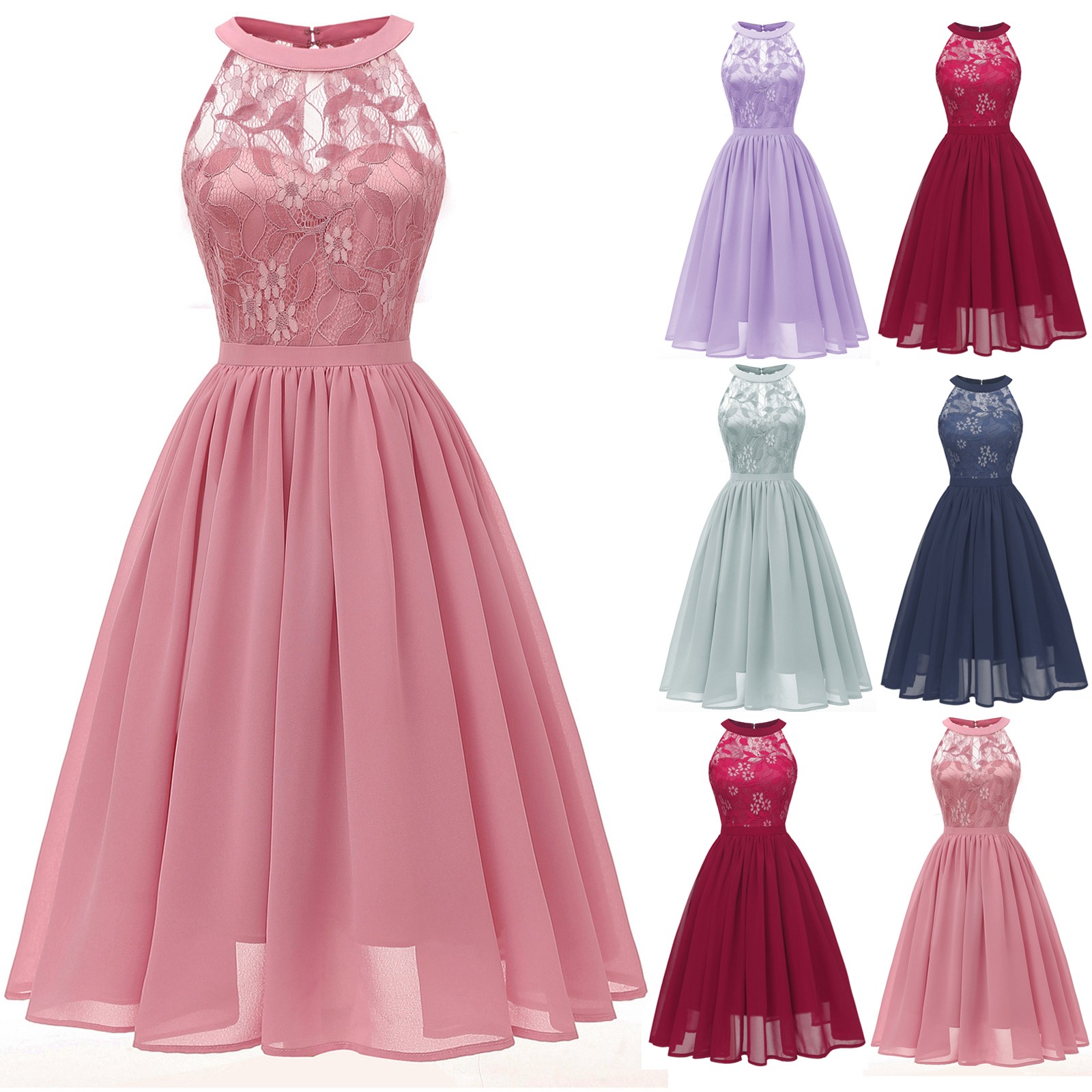Robe de soirée en dentelle et mousseline de soie pour femmes, Sexy, sans manches, élégante, couleur unie, robes de Cocktail