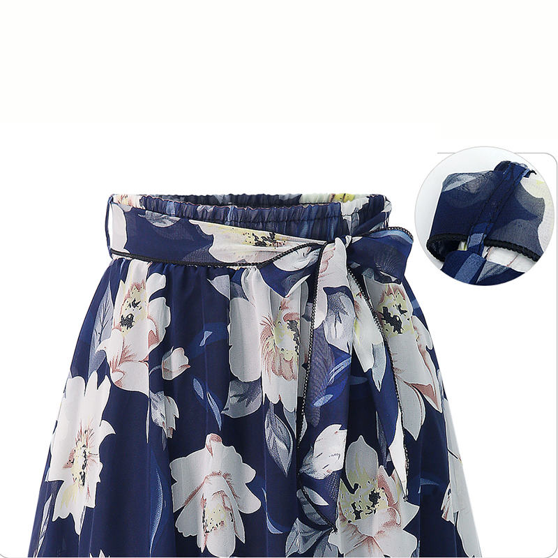 Grande taille imprimé Jupe florale femmes 2024 été ample élastique taille haute en mousseline de soie jupes mi-longues à lacets nœud L-5XL Swing Jupe Femme