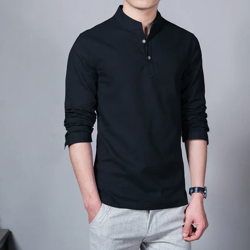 T-shirt en lin à manches longues pour hommes, col montant, chemise de base mince, t-shirts Y et t-shirts, mode masculine, vêtements de printemps