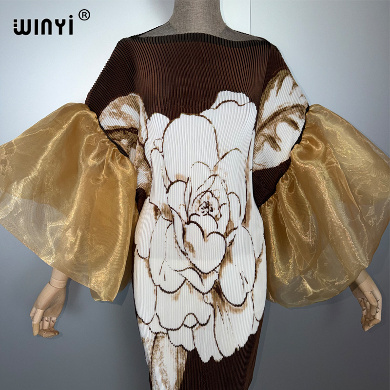 Robe plissée à manches bouffantes WINYI, robe de plage, kaftan bohème, abaya, robe de soirée de luxe Dubaï, robe longue pour femme musulmane